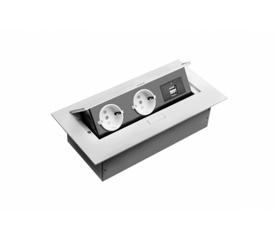 Imagine Priză încorporabilă în blat GTV AE-PBSUC2GS-10, 2 prize Schuko, 2 porturi USB 2.1A, cablu 1.5m, alb mat
