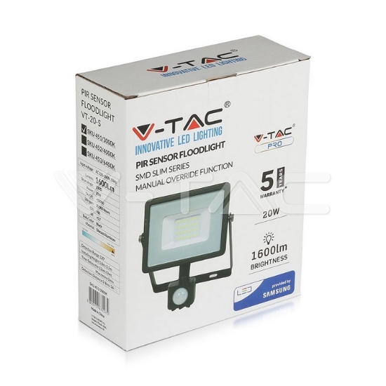 Imagine Proiector LED SMD 20W 6400K IP65 cu senzor de mișcare V-TAC Negru