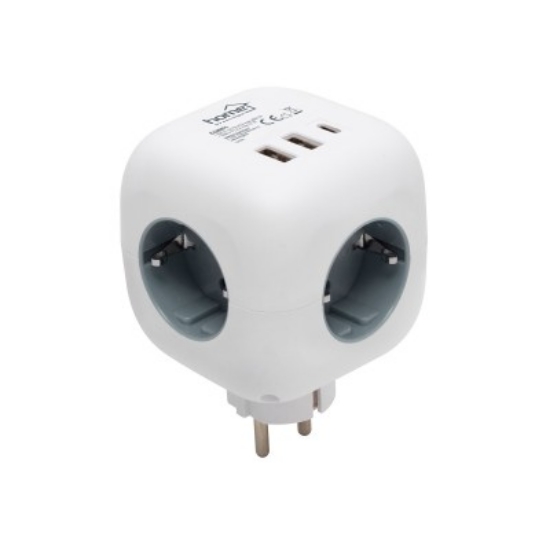 Imagine Distribuitor Cub cu Comutator, 3 Prize 16A 250V, 2x USB-A, 1x USB-C