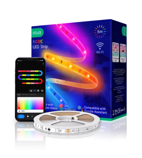 Imagine Banda LED RGBIC inteligentă Nous F4, Wi-Fi, sincronizare muzică, control vocal, 18W, lumină colorată, 5m