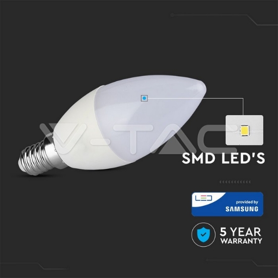 Imagine Bec LED V-TAC cu cip Samsung, formă lumânare, E14, 7W, lumină caldă