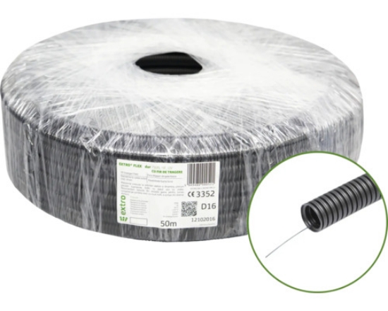 Imagine Tub flexibil gofrat EXTRO FLEX dur Ø16 mm, 750N, fără fir de tragere, rezistent UV, HF, rola 50 m