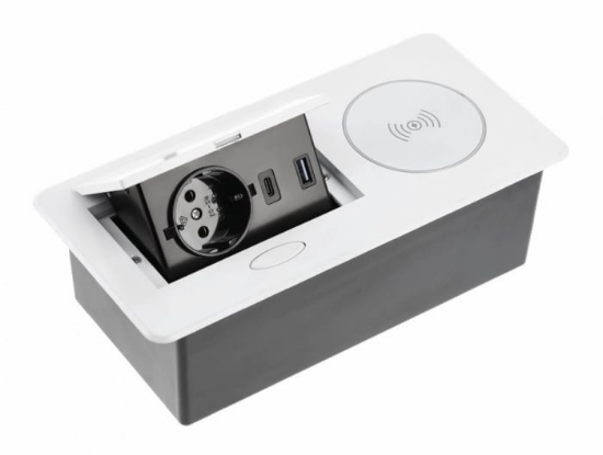 Imagine Priză încorporabilă AVARO PLUS cu încărcător wireless, 1x Schuko, USB A+C, cablu 1,5 m, alb