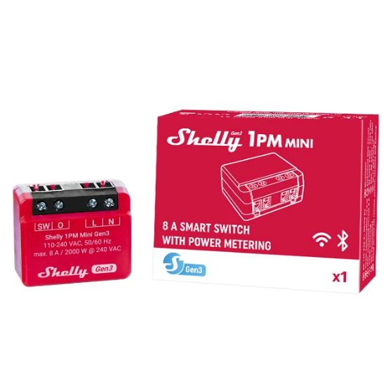 Imagine Shelly 1PM Mini Gen3 - Releu inteligent 1 canal, 8A, WiFi și Bluetooth