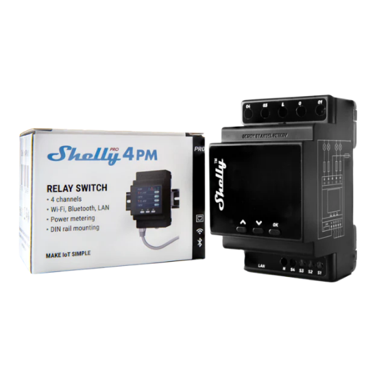 Imagine Shelly Pro 4PM Comutator Inteligent cu 4 Canale WiFi LAN Sina DIN Contor de Putere