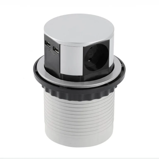 Imagine Priză de mobilier COMFORT Ø100 mm, 3xSchuko, 2xUSB 2,4A, aluminiu