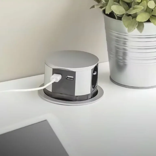 Imagine Priză de mobilier COMFORT Ø100 mm, 3xSchuko, 2xUSB 2,4A, aluminiu