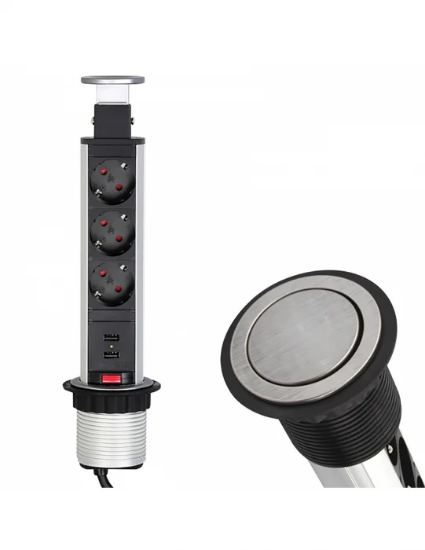 Imagine Priză turn încastrabilă în blat cu 3 prize Schuko și 2 USB, argintiu/negru