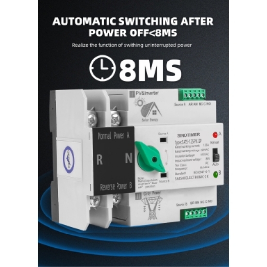 Imagine Comutator de transfer PV 2P 125A cu sina, SINOTIMER, ATS125-2P