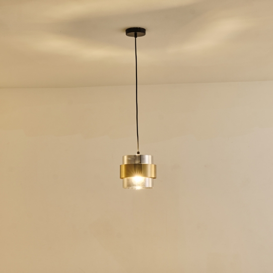 Imagine Lumină suspendată metal-sticlă cu un singur corp de iluminat 1XE27 Max 15W Ø180X1205mm Negru-Auriu Arte Illumina Reliac