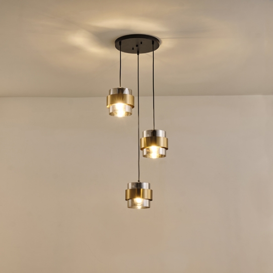 Imagine Lampa suspendată metal-sticlă 3 lumini 3XE27 max 15W Ø430X1215mm rozeta negru-auriu Arte Illumina Reliac
