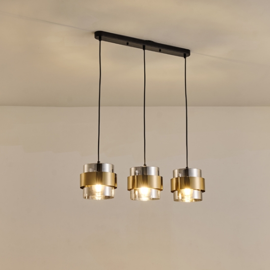 Imagine Lumină suspendată metal-sticlă 3 lumini 3XE27 max 15W 700X1215mm negru-aurie Arte Illumina Reliac