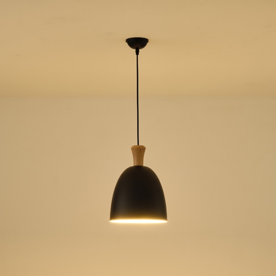 Imagine Lampa suspendată metal-lemn rotund cu un singur corp de iluminat 1xE27 Max 15W D230x1370mm negru-lemn Arte Illumina Simplo