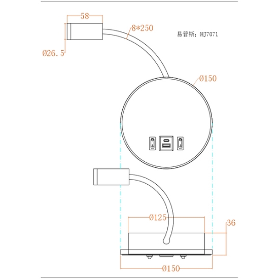Imagine Aplica de citit montată pe perete cu două lumini din aluminiu 3+7W 160+700Lm 3000K 150x458mm cu USB tip C și suport alb Arte Illumina