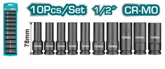 Imagine TOTAL - SET 10 BUC TUBULARE LUNGI DE IMPACT 78MM CRMO, 1/2", 10,12,13,14,15,17,19,21,22,24