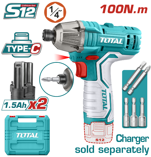 Imagine TOTAL - MASINA DE INSURUBAT CU IMPACT SI ACUMULATOR 12V-1.5AH LI-ION (2 ACUMULATORI) -  HEX 1/4