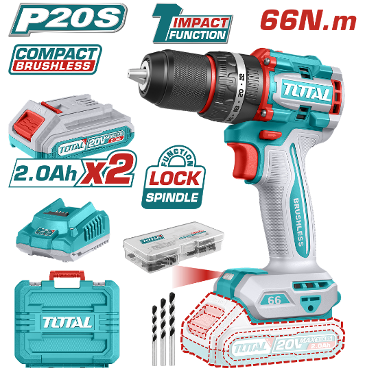 Imagine TOTAL - MASINA DE GAURIT CU PERCUTIE - 20V - 2AH - MOTOR FARA PERII (INCLUDE 2 ACUMULATORI, 1 INCARC