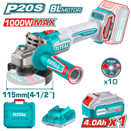 Imagine TOTAL - POLIZOR UNGHIULAR -115MM - 20V - 4.0Ah - MOTOR FARA PERII (INCLUDE 1 ACUMULATOR, 1 INCARCATO