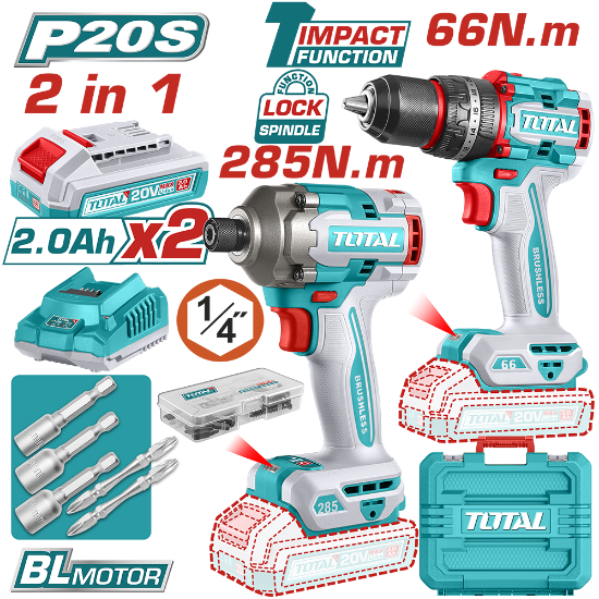Imagine TOTAL - KIT COMBO - 20V - MASINA DE GAURIT CU IMPACT, MASINA DE INSURUBAT CU IMPACT (INCLUDE 2 ACUMU