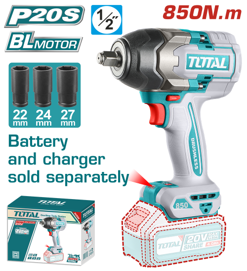 Imagine TOTAL - MASINA DE INSURUBAT CU IMPACT - 20V - 850N.m MOTOR FARA PERII (NU INCLUDE ACUMULATOR) - 1/2"
