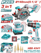 Imagine TOTAL - KIT COMBO 20V - FIERASTRAU CIRCULAR, MASINA DE GAURIT CU IMPACT, SLEFUITOR (INCLUDE 2 ACUMUL