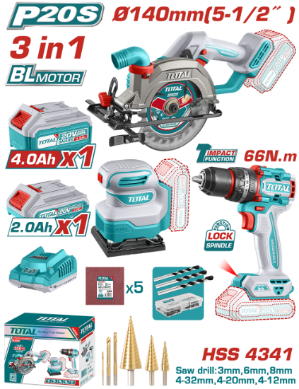 Imagine TOTAL - KIT COMBO 20V - FIERASTRAU CIRCULAR, MASINA DE GAURIT CU IMPACT, SLEFUITOR (INCLUDE 2 ACUMUL