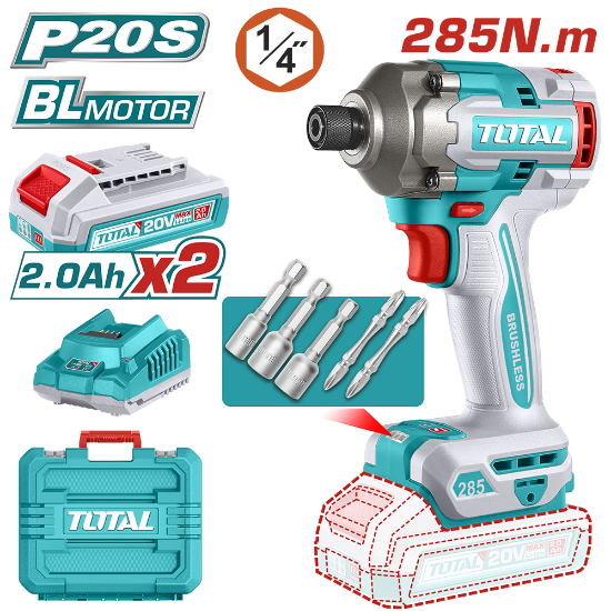 Imagine TOTAL - MASINA DE INSURUBAT CU IMPACT CU ACUMULATOR - 20V - 2.0AH - LI-ION (INCLUDE 2 ACUMULATORI, 1