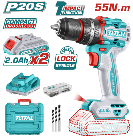 Imagine TOTAL - MASINA DE GAURIT CU PERCUTIE - 20V - 2.0AH LI-ION (INCLUDE 2 ACUMULATORI + 1 INCARCATOR)