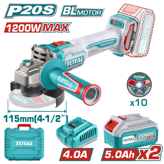 Imagine TOTAL - POLIZOR UNGHIULAR - 115MM - 20V - LI-ION (INCLUDE 2 ACUMULATORI SI INCARCATOR)