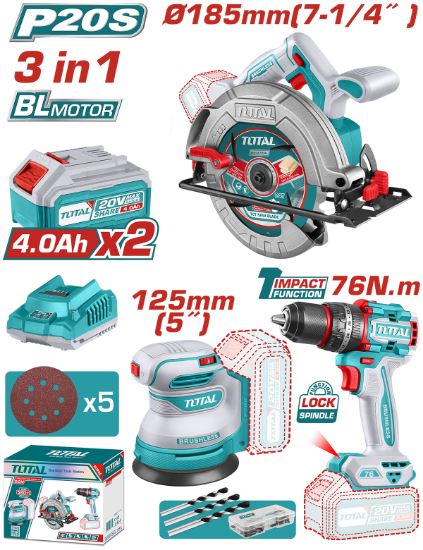 Imagine TOTAL - KIT COMBO 20V - 4.0Ah - FIERASTRAU CIRCULAR, SLEFUITOR , MASINA DE GAURIT CU IMPACT (INCLUDE