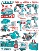 Imagine TOTAL - KIT COMBO 20V - 4.0Ah - BORMASINA, MASINA INSURUBAT, POLIZOR UNGHIULAR, ROTOPERCUTOR, FIERAS