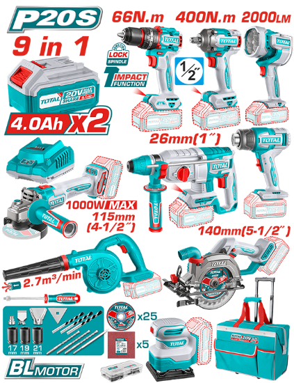Imagine TOTAL - KIT COMBO 20V - 4.0Ah - BORMASINA, MASINA INSURUBAT, POLIZOR UNGHIULAR, ROTOPERCUTOR, FIERAS