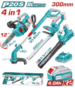 Imagine TOTAL - KIT COMBO 20V - 4.0Ah - DRUJBA, TRIMMER PENTRU GARD VIU, SUFLANTA, TRIMMER DE TUNS IARBA (IN
