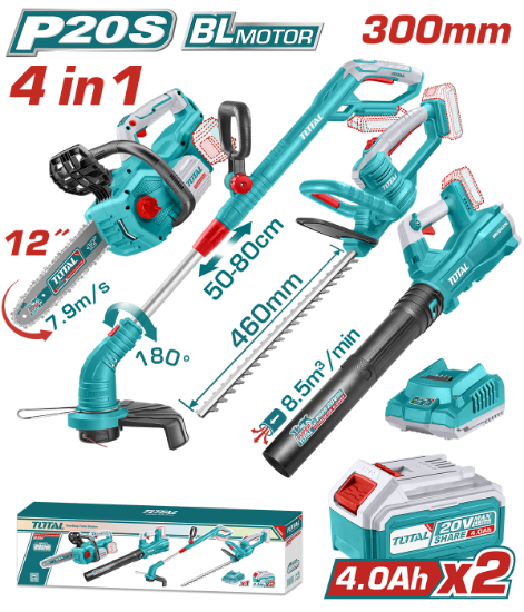 Imagine TOTAL - KIT COMBO 20V - 4.0Ah - DRUJBA, TRIMMER PENTRU GARD VIU, SUFLANTA, TRIMMER DE TUNS IARBA (IN