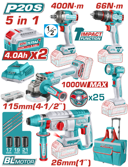 Imagine TOTAL - SET 5 UNELTE - 20V - CU 2 ACUMULATORI 4.0Ah SI INCARCATOR (INDUSTRIAL)