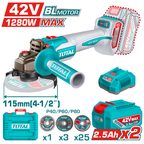 Imagine TOTAL - POLIZOR UNGHIULAR - 115MM - 42V - 1280W (INCLUDE 2 ACUMULATORI, 1 INCARCATOR)