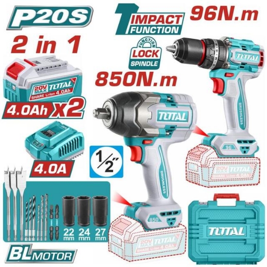 Imagine TOTAL - KIT COMBO 20V - MASINA DE GAURIT CU IMPACT, MASINA DE INSURUBAT CU IMPACT 1/2 (INCLUDE 2 ACU