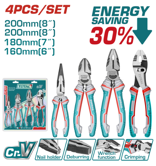 Imagine TOTAL - SET 4 CLESTI - CLESTE CU VARF ASCUTIT 6'', CLESTE TAIETOR 7'', PATENT 8", CLESTE UNIVERSAL 8
