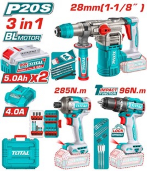 Imagine TOTAL - KIT COMBO 20V - CIOCAN ROTOPERCUTOR, MASINA DE GAURIT CU IMPACT, MASINA DE INSURUBAT (INCLUD