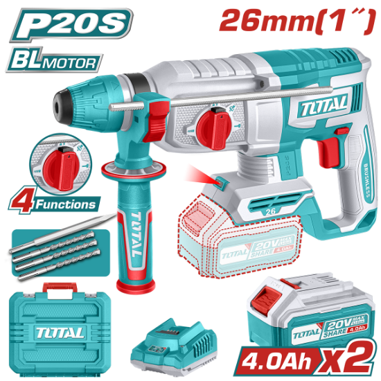 Imagine TOTAL - CIOCAN ROTOPERCUTOR - 2,5J - 20V - LI-ION (INCLUDE 2 ACUMULATORI SI INCARCATOR)
