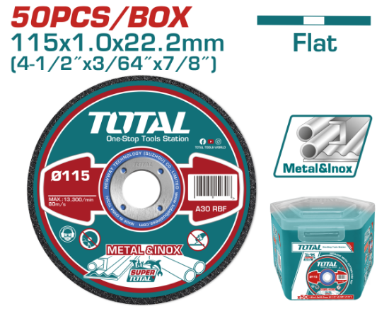 Imagine TOTAL - SET 50 DISCURI ABRAZIVE TAIERE METALE - 115mm(4 1/2")X1.0mm(3/64")X22.2mm(7/8")