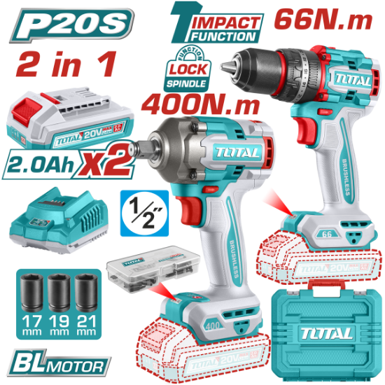 Imagine TOTAL - SET SCULE ELECTRICE CU 2 UNELTE CU MOTOR FARA PERII – 20V (INCLUDE 2 ACUMULATOR SI INCARCATO