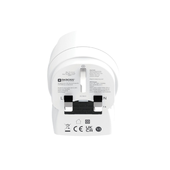Imagine Adaptor de călătorie SKROSS, „Europe to UK”, USB-C   USB-A (20 W PD, încărcare rapidă, alb)