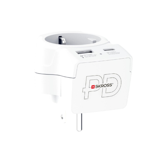 Imagine Adaptor de călătorie SKROSS, „Europa – SUA”, USB-C   USB-A (20 W PD, încărcare rapidă, alb)