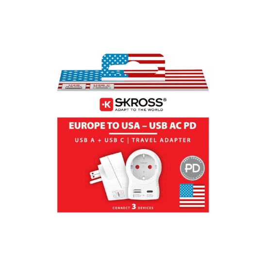 Imagine Adaptor de călătorie SKROSS, „Europa – SUA”, USB-C   USB-A (20 W PD, încărcare rapidă, alb)