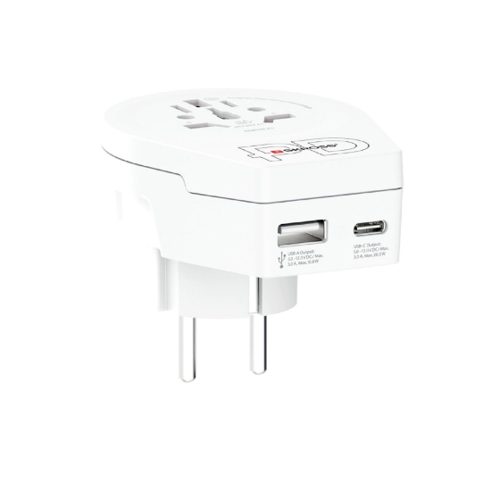 Imagine Adaptor de călătorie SKROSS, „World to Europe”, USB-C   USB-A (20 W PD, încărcare rapidă, alb)