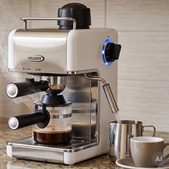 Imagine Aparat de cafea HAUSER CE-929W, 800 W, 3,5 bar, funcție de abur, capacitate de 4 cești, culoare albă
