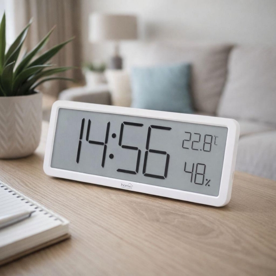 Imagine HOME HC18 ceas cu alarmă cu senzor de umiditate și temperatură, cu afișaj LCD premium, poate fi montat pe mobilier sau perete