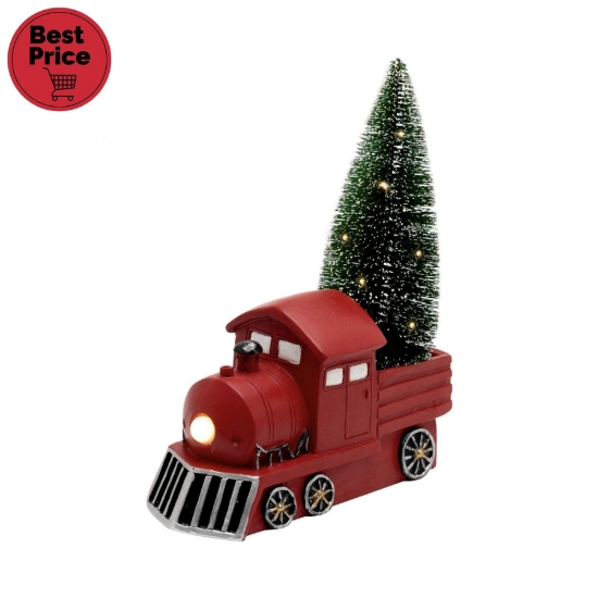 Imagine Figurina ceramica, locomotiva rosie cu brad