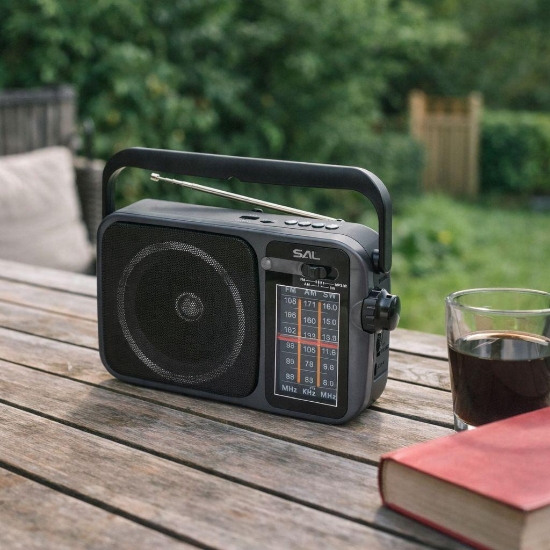 Imagine SAL RPR10 radio portabil cu player multimedia, difuzor Bluetooth fără fir, radio cu 3 benzi, redare MP3 de pe dispozitiv USB/microSD, reîncărcabil